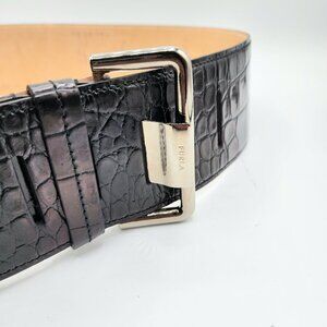 FURLA Wide Waist Belt L 39" Crocodile Embossed Black Leather Silver Buckle